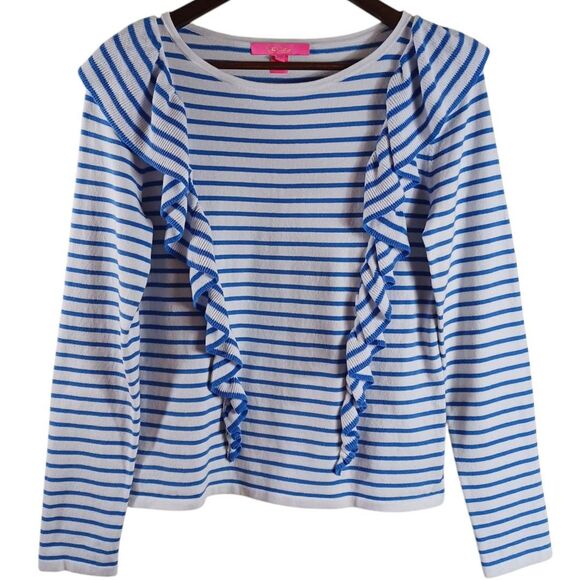 Lilly Pulitzer Top Sz S Blue White Coastal Stripe Ruffle Long Sleeve Preppy Top - Picture 2 of 9
